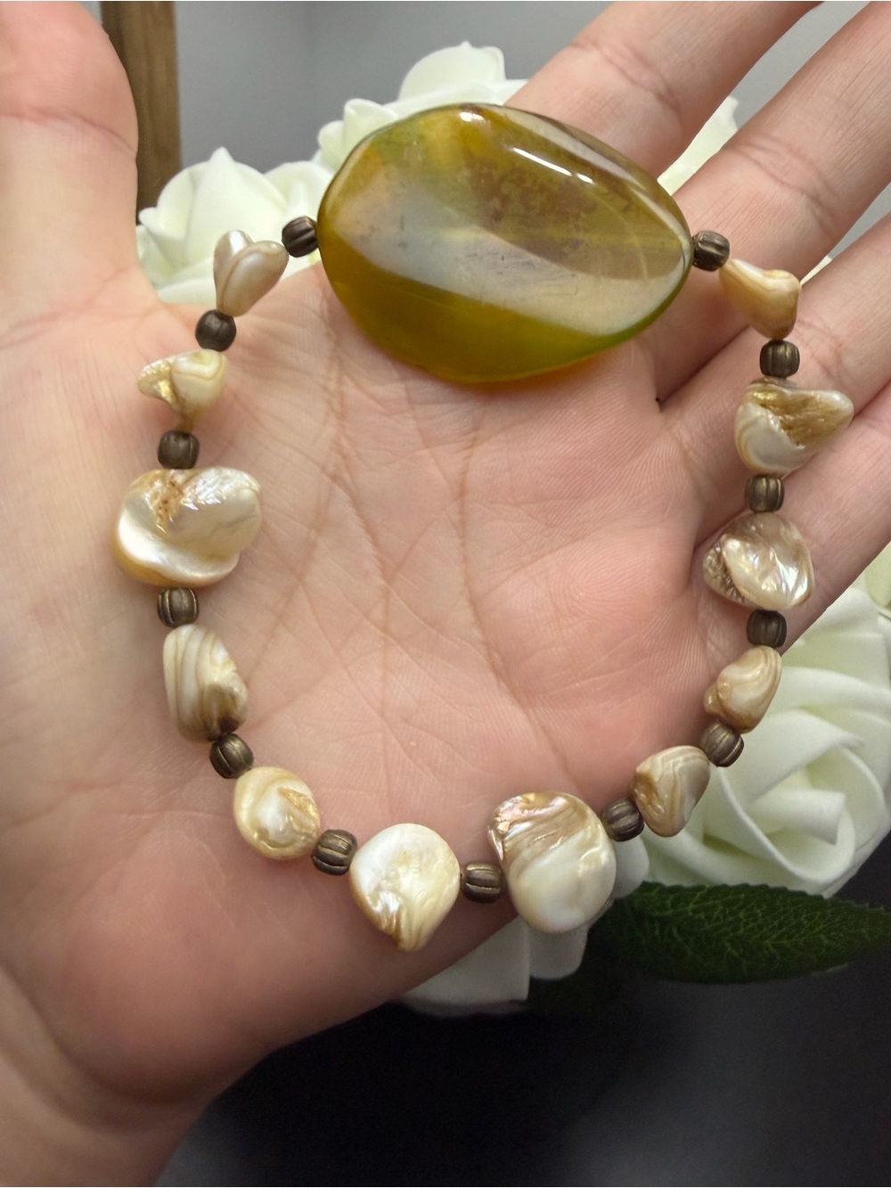 Handmade Brown Pearl & Amber Bead Women’s Bracelet